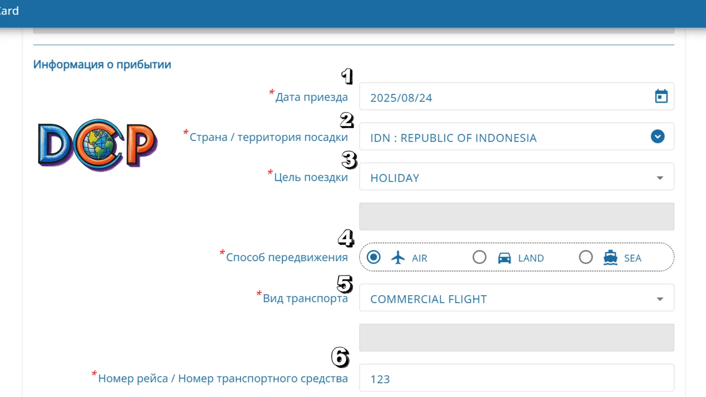 Форма TDAC: информация о прибытии — дата, страна вылета, цель поездки, номер рейса